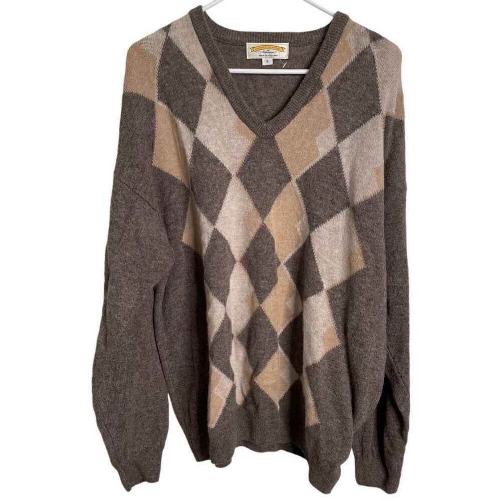 James Pringle Weavers Mens Lambswool Sweater L Argyle Print V Neck Classic Work